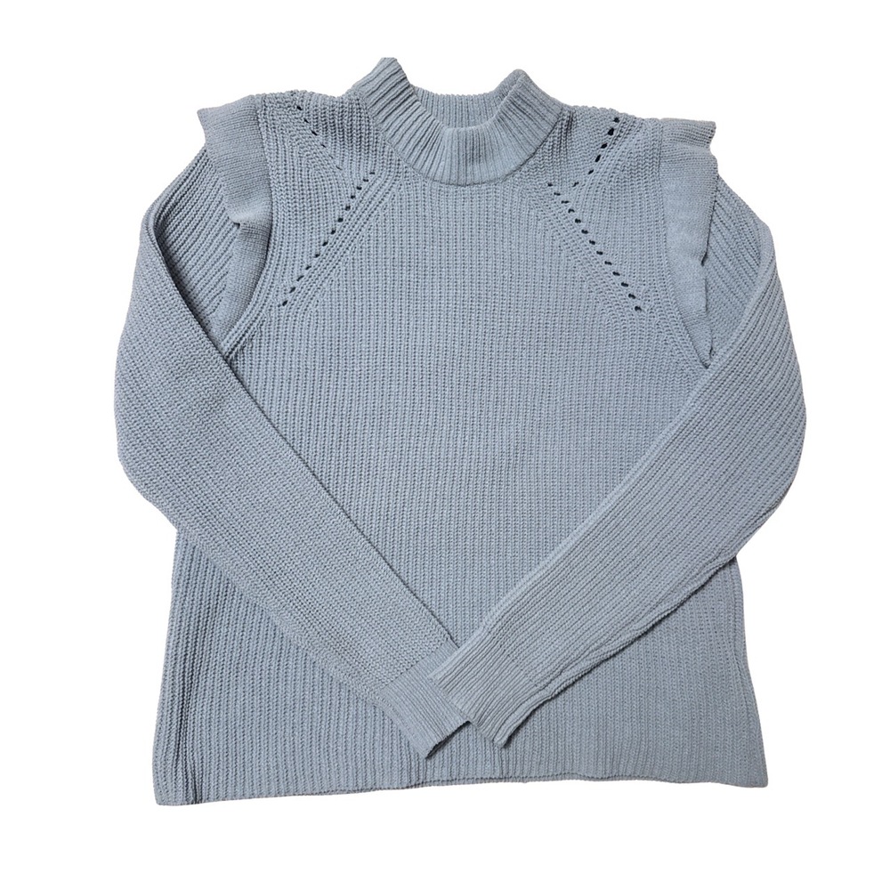 ABSOLUTELY Light Blue Ribbed Mock Neck Ruffle Shoulder Sweater Feminine